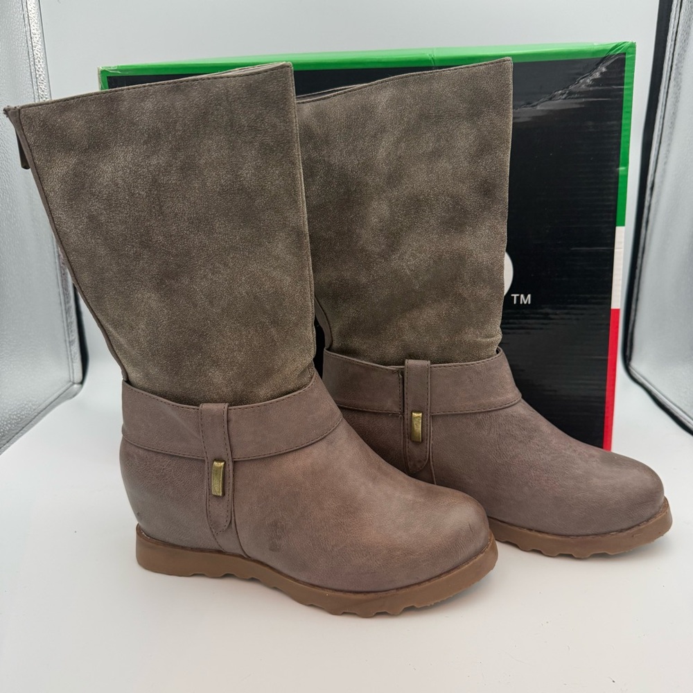 Bucco “Riba” Coffee Brown Faux Leather Mid-Calf Wedge Boots